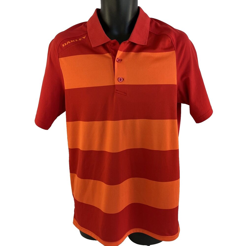Mens Oakley Hydrolix Short Sleeve Polo Shirt Sz M Red Orange Striped Golf